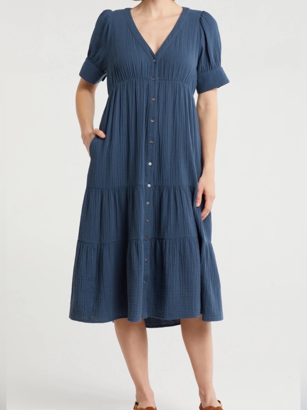 NWT Madewell Lightspun Tiered Button Front Midi Dress Blue Crinkly Gauze Size 6